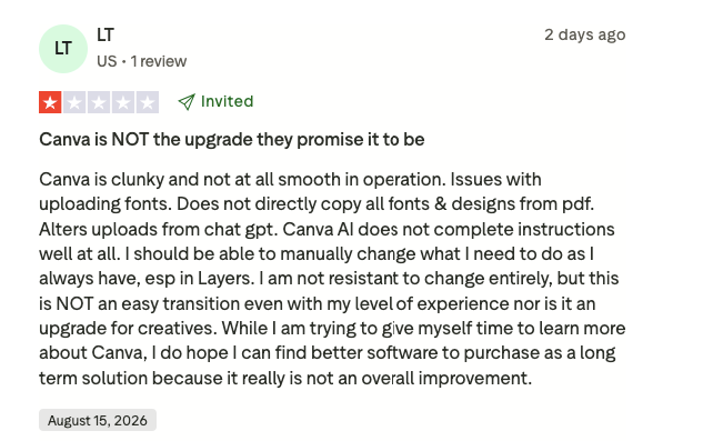 Screenshot of a Canva user’s 1-star review for the platform.