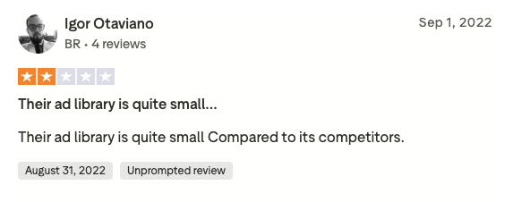 Screenshot of a user’s 2-star review for AdSpy. 