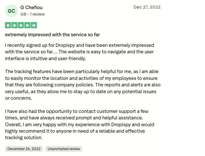 Screenshot of user’s 5-star review for Dropispy. 