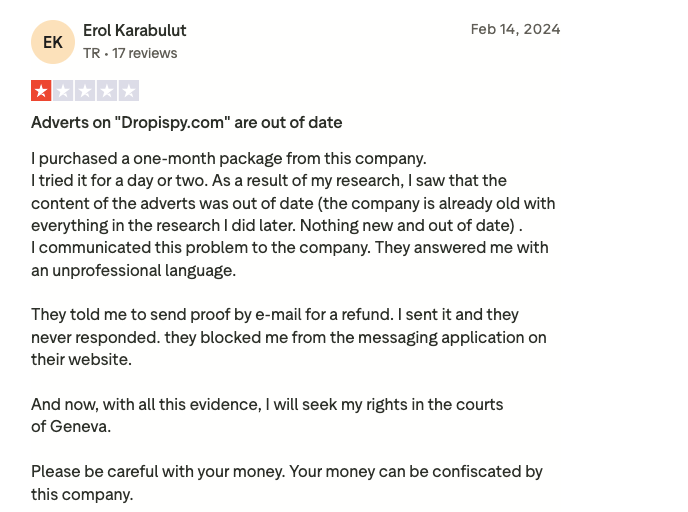 Screenshot of a user’s 1-star review for Dropispy. 