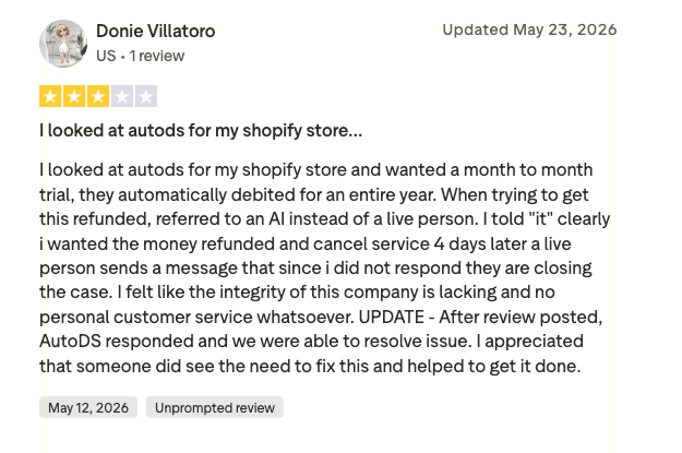 Screenshot of a user’s 3-star review for AutoDS. 