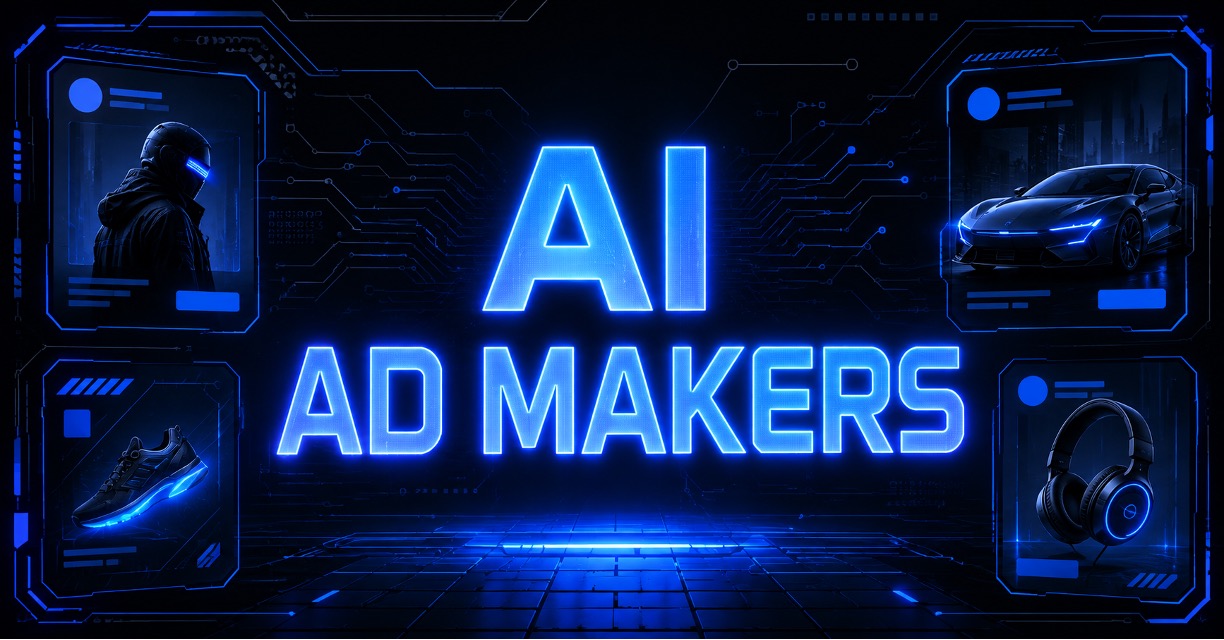 "AI Ad Makers" neon title surrounded by AI-generated static ad panels for footwear, cars, and headphones