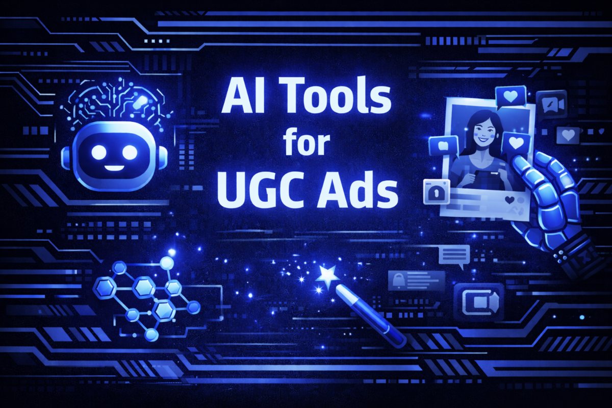 AI Tools for UGC Ads graphic with a friendly robot, a robotic arm holding a creator photo, a magic wand, and molecule nodes on a dark blue circuit board background.