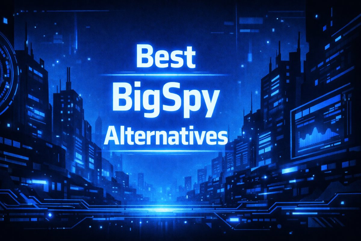 Best BigSpy Alternatives title graphic over a neon-lit blue city street flanked by towering skyscrapers and a glowing data dashboard.