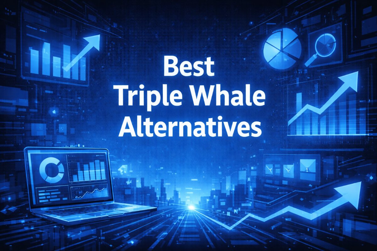 Best Triple Whale Alternatives title graphic with floating analytics charts, growth arrows, and a laptop displaying ecommerce metrics on a blue digital background.