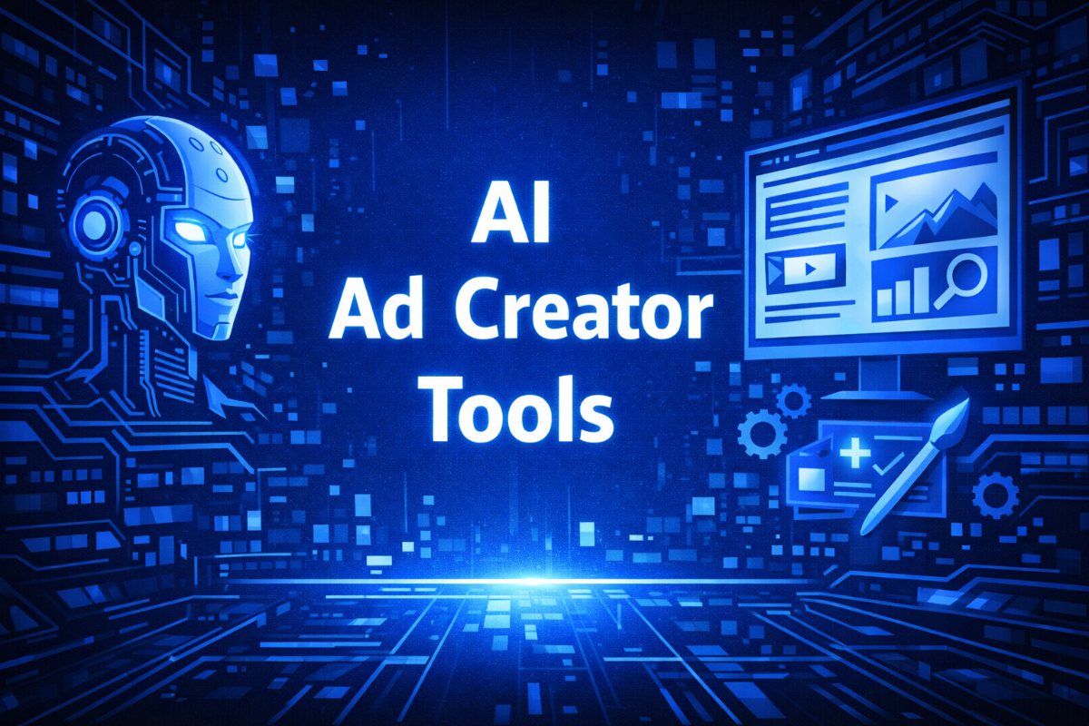 AI Ad Creator Tools graphic with a robot head, a content dashboard screen, a design pen, gear icons, and a glowing blue futuristic corridor background.