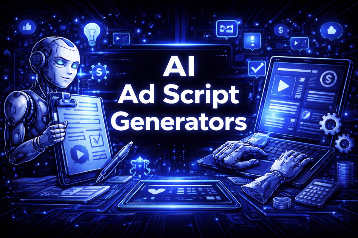 AI ad script generators graphic with a humanoid robot holding a script clipboard and robotic hands typing on a laptop, surrounded by content creation icons.
