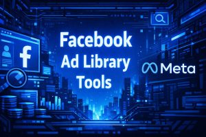 Facebook Ad Library Tools title graphic with the Facebook and Meta logos, a magnifying glass, coin stacks, and a search icon on a blue futuristic urban background.