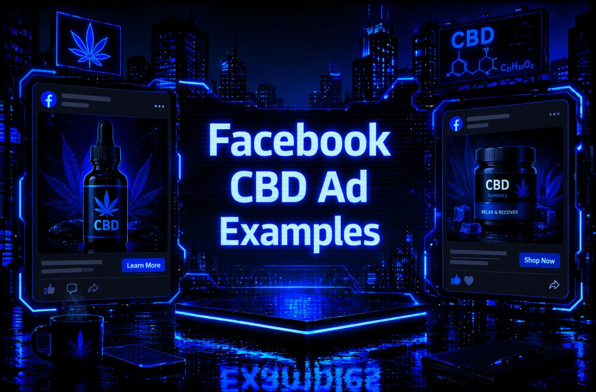 Facebook CBD Ad Examples graphic with two realistic Facebook ad mockups showing CBD oil drops and CBD gummies on a dark neon-lit background.