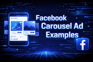 Facebook Carousel Ad Examples graphic with a glowing smartphone displaying product cards alongside the Facebook logo on a dark blue digital background.
