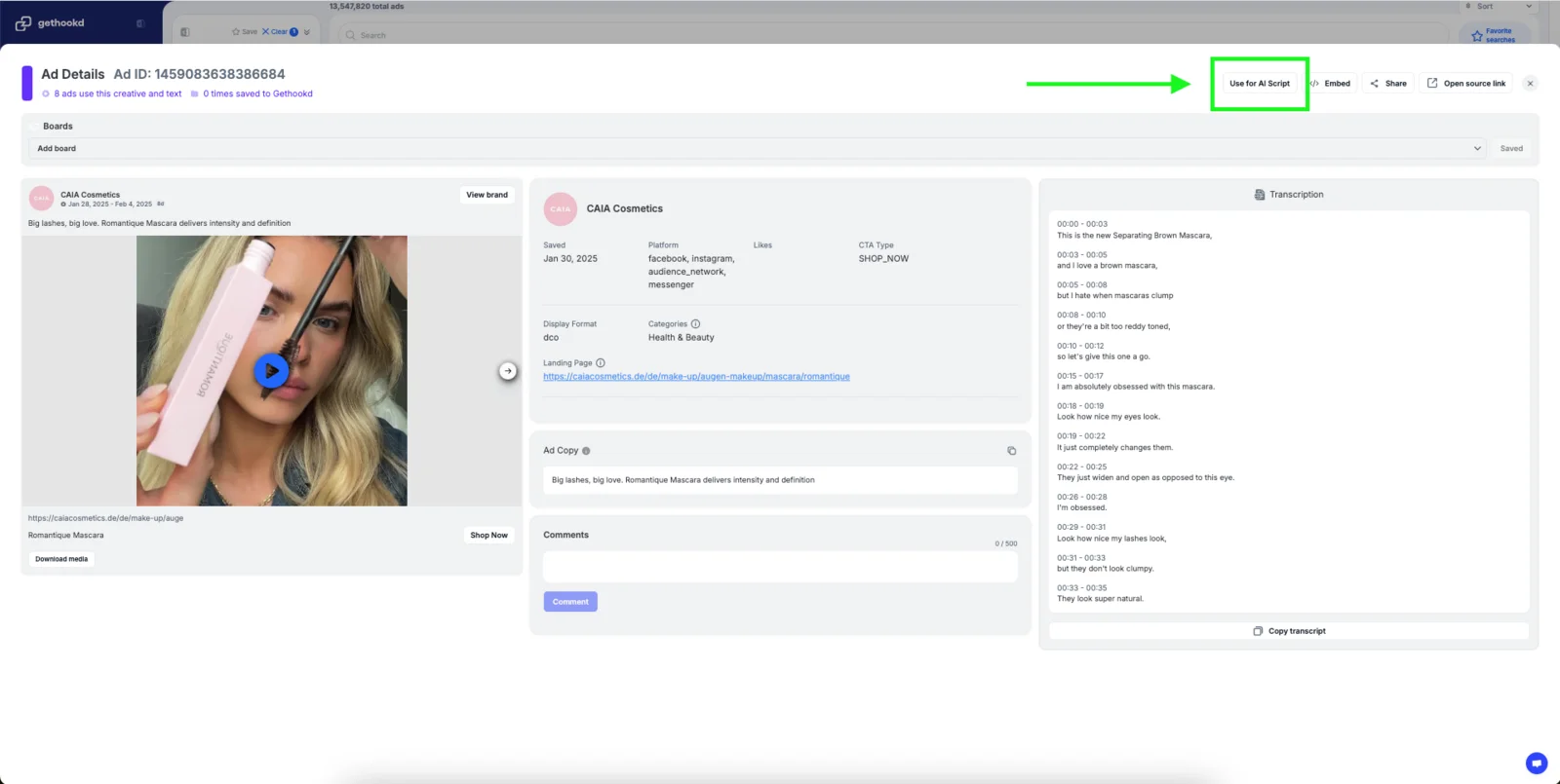 GetHookd's Ads Transcription extracts hooks and copy structure from any ad