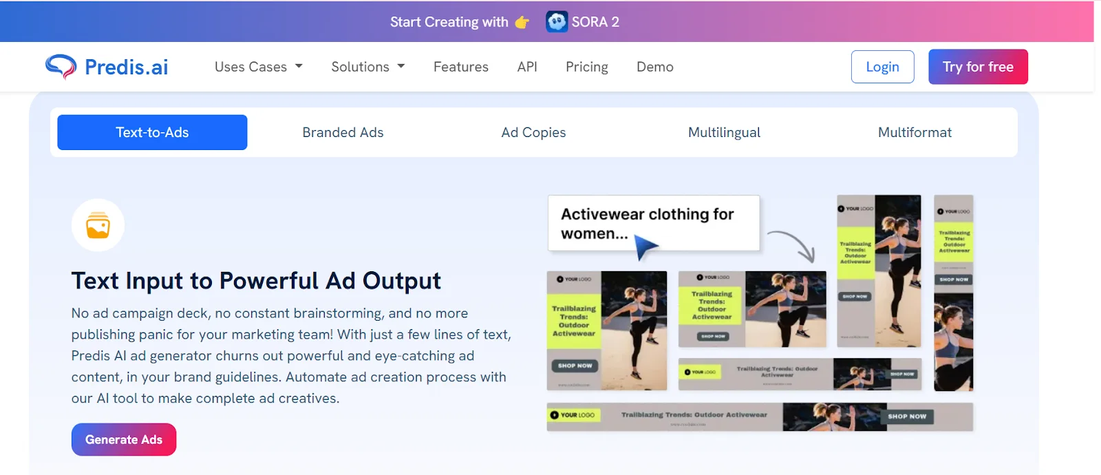 Predis.ai generates ad creatives in multiple formats from a simple text input. (Image source: Predis.ai)