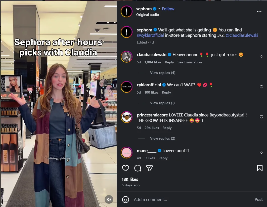 Sephora's after-hours Reel with Claudia Sulewski embeds the brand naturally into a shopping experience. (Source: Instagram )