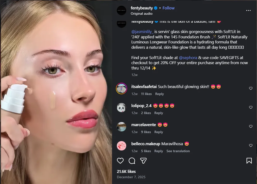 Fenty Beauty's tutorial Reel shows the product in use, letting the application do the selling. (Source: Instagram )