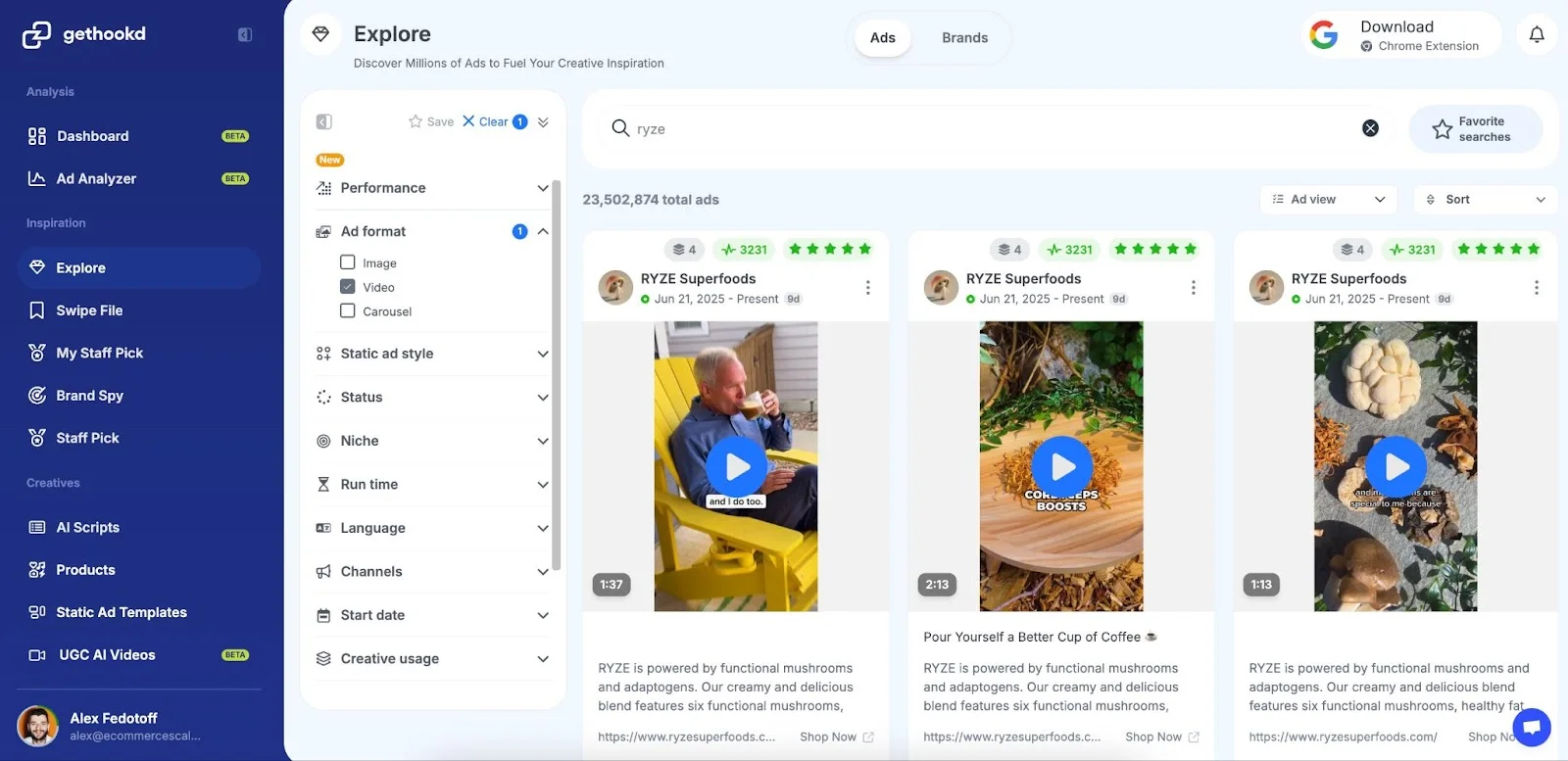 GetHookd's platform displays searchable ad results from its 65M+ database across the Meta Ad Library, filtered by niche