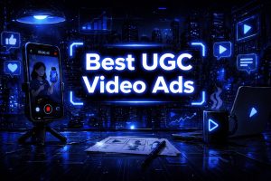 Best UGC Video Ads title graphic with a smartphone on a tripod recording a female creator holding a product, a storyboard on a desk, and floating engagement icons.
