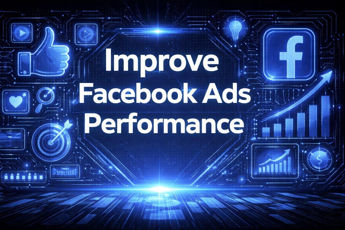 Improve Facebook Ads Performance graphic with a thumbs up, targeting bullseye, growth charts, Facebook logo, and a rising arrow on a dark blue digital background.