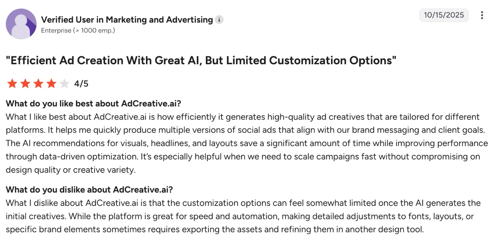 A four-star AdCreative.ai review praises fast creative generation but criticizes limited post-generation customization.