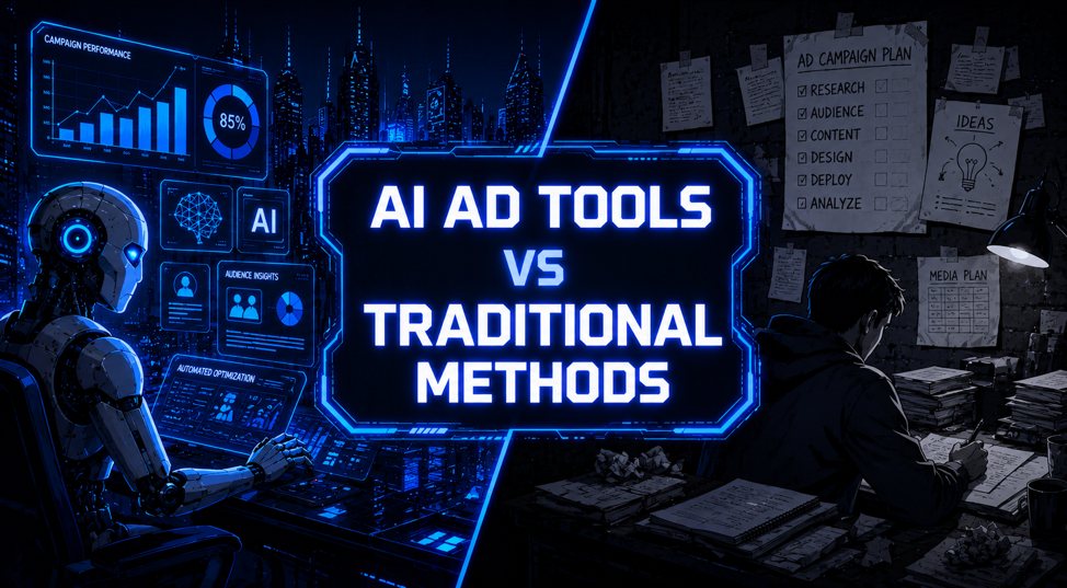 Split image contrasting a robot using digital dashboards with a person manually planning campaigns on paper notes.