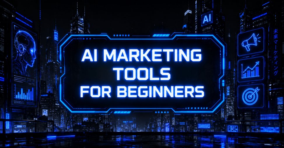 Glowing neon title graphic for AI Marketing Tools for Beginners set against a futuristic cyberpunk skyline with billboards.