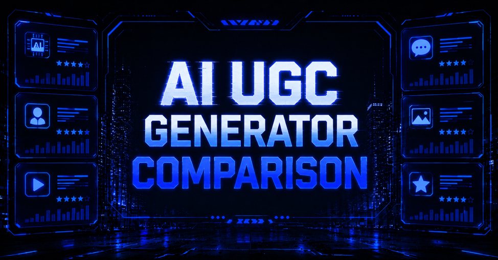 Neon-lit digital title graphic for AI UGC Generator Comparison with side panels featuring icons, charts, and star ratings.