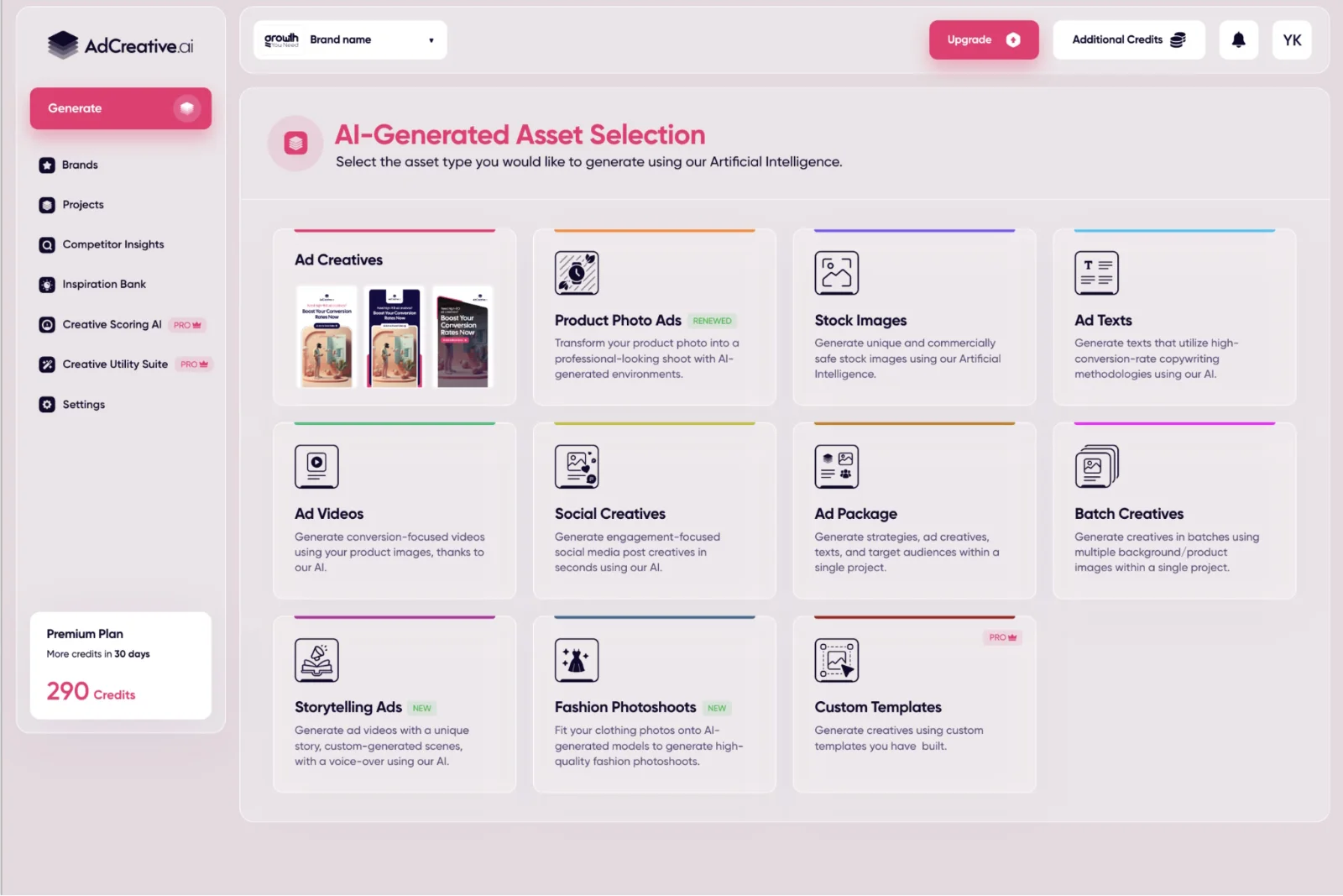 AdCreative.ai asset selection screen with options for ad texts, creatives, videos, and stock images.