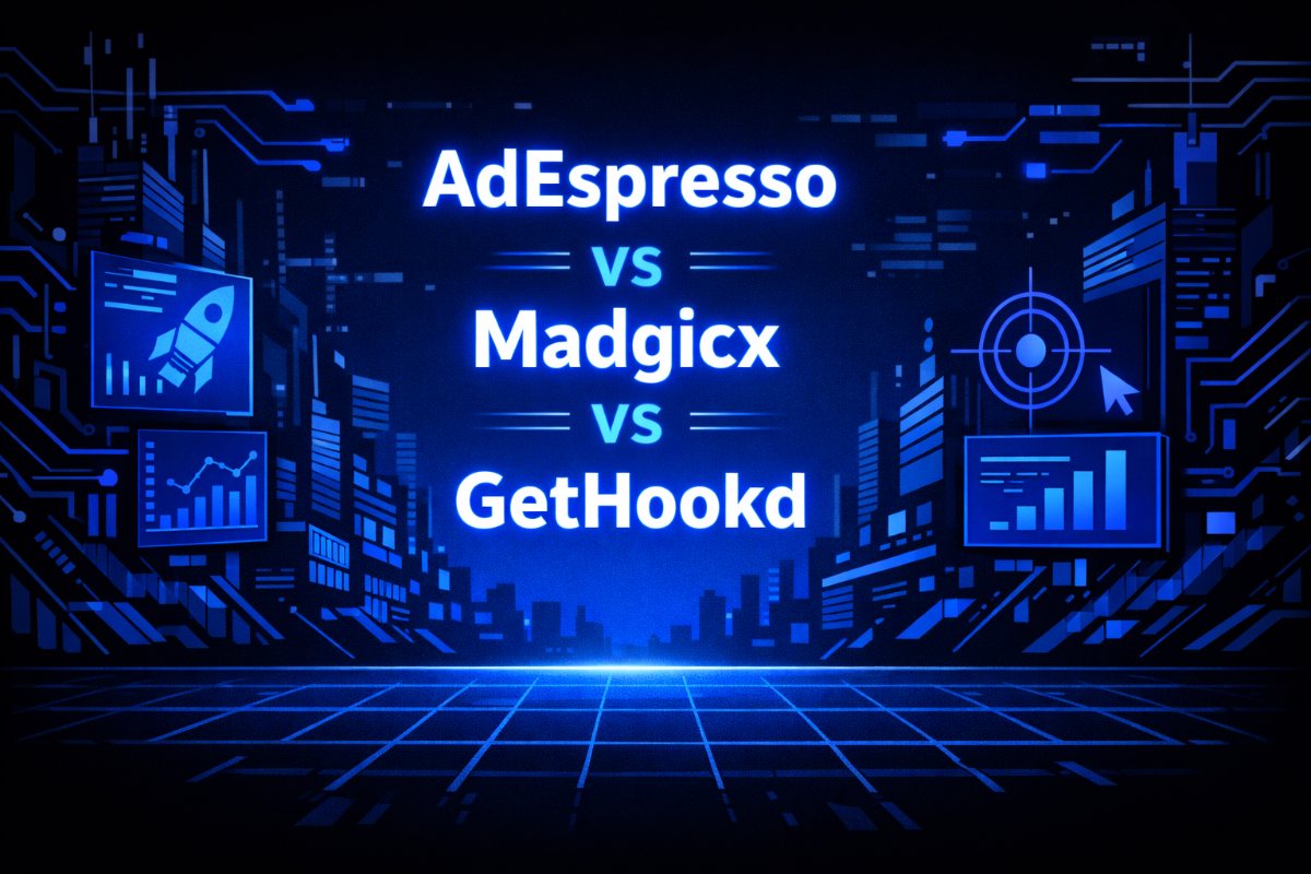 AdEspresso vs Madgicx vs GetHookd comparison graphic with rocket, analytics charts and targeting icons on a glowing blue futuristic city backdrop