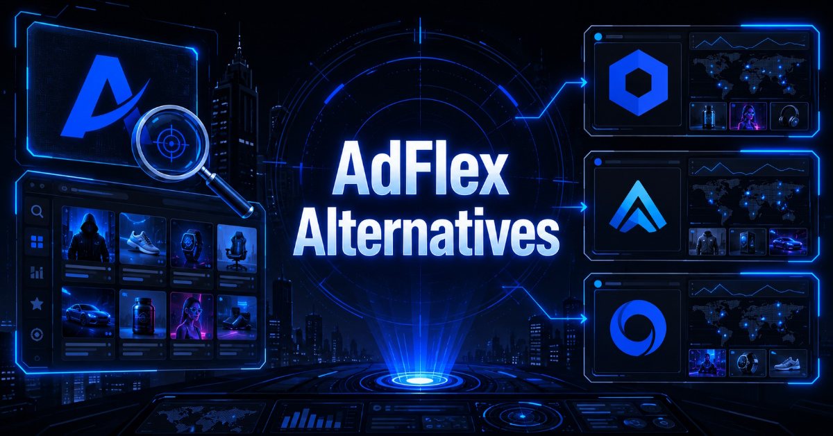 AdFlex Alternatives graphic with ad spy platform interfaces and competitor tool logos on a dark digital background.