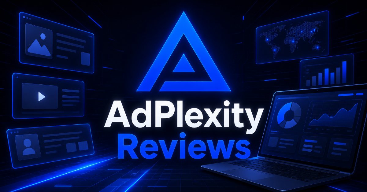 AdPlexity logo with ad creative panels, analytics dashboards, and laptop illustrating ads spy tool reviews.