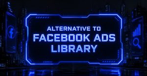 Bright sign titled Alternative to Facebook Ads Library shines between skyscrapers featuring social media and search graphics.