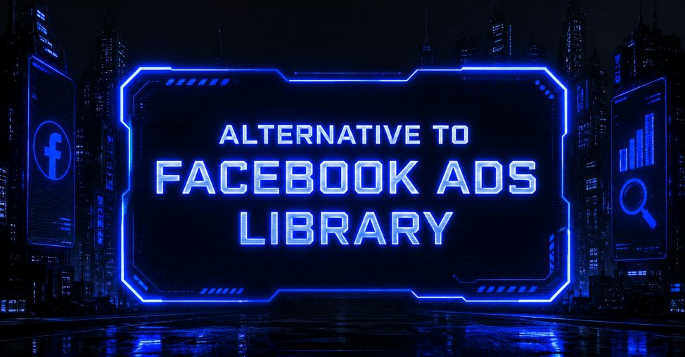 Bright sign titled Alternative to Facebook Ads Library shines between skyscrapers featuring social media and search graphics.