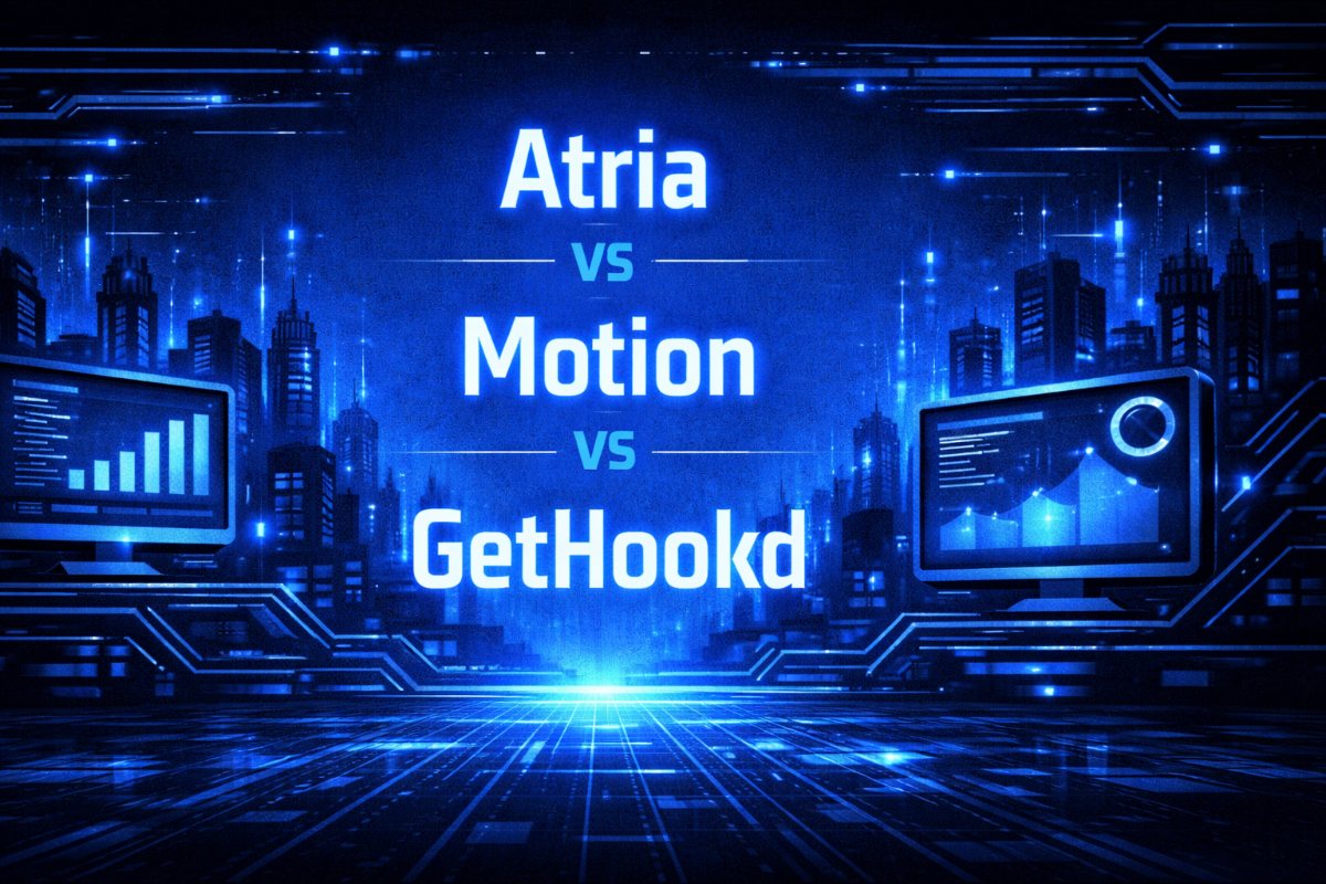 Atria vs Motion vs GetHookd comparison graphic with two analytics monitors flanking a glowing blue futuristic skyline.