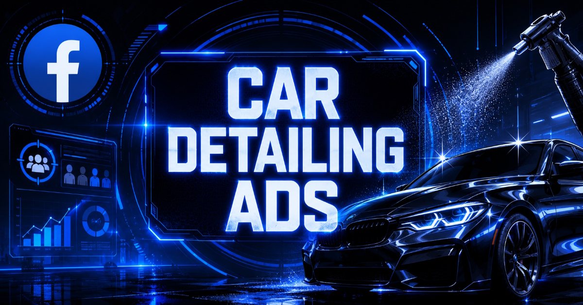 Blue digital banner reading "Car Detailing Ads" with a Facebook icon, analytics dashboard, and a glossy black car.