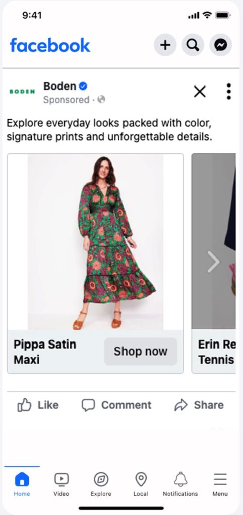 Boden sponsored Facebook carousel ad showing model in floral Pippa Satin Maxi dress.