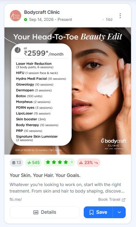 Bodycraft Clinic ad showing a woman applying cream to her cheek beside a list of skin, hair, and body treatments offered for a monthly price.