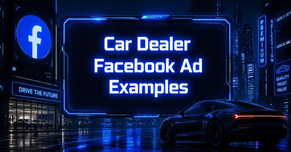 Car Dealer Facebook Ad Examples graphic with a sleek sports car, a neon-lit dealership storefront, the Facebook logo, and Premium Selection signage on a dark rainy street.