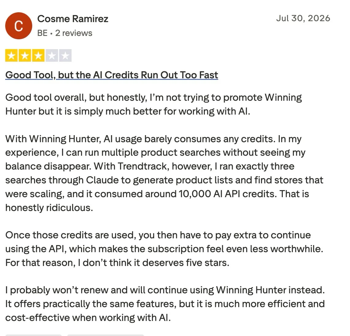 Cosme Ramirez's three-star Trendtrack Trustpilot review criticizing rapid AI credit consumption compared to Winning Hunter.