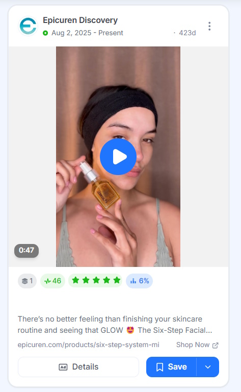 Creator-style video ad from Epicuren showing a woman in a headband holding a dropper bottle of facial oil near her cheek.