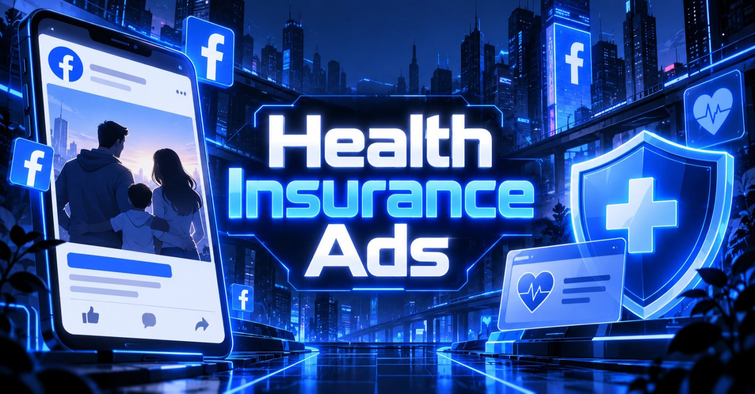 Cyberpunk 2-D imagery depicting health insurance icons and a Facebook ad interface.