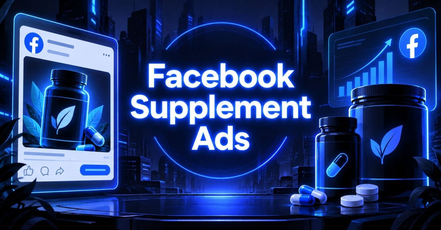 Cyberpunk Facebook supplement ads with neon bottles and capsules