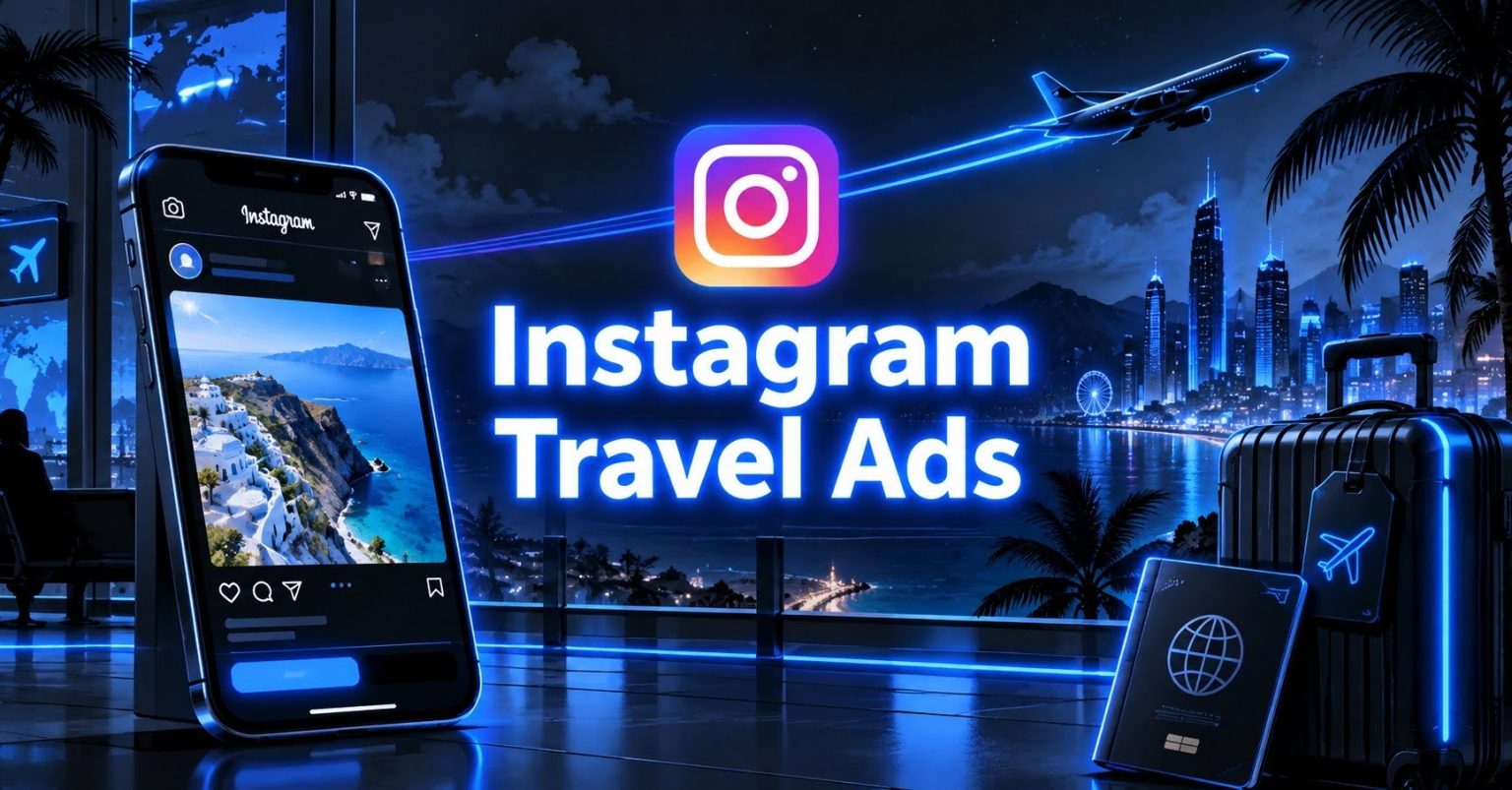 Cyberpunk Instagram travel ad with airplane suitcase glowing skyline