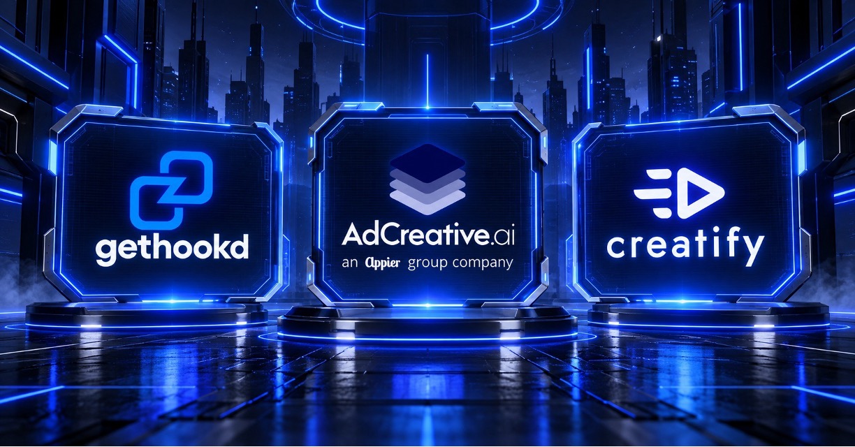 Cyberpunk comparison graphic featuring AdCreative AI, Creatify, and GetHookd logos prominently displayed