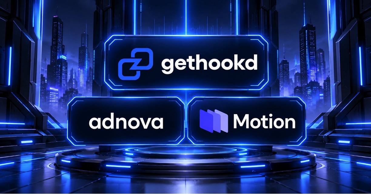 Cyberpunk comparison graphic featuring Adnova, Motion, and GetHookd logos in blue neon