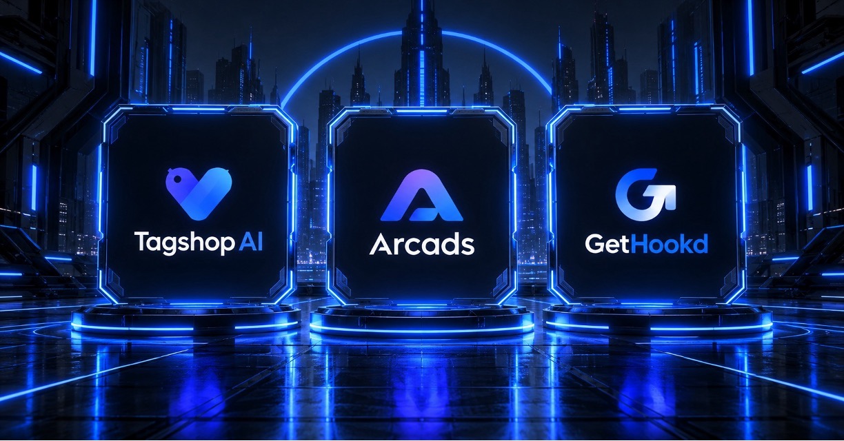 Cyberpunk comparison graphic featuring Tagshop AI, Arcads, and GetHookd logos prominently displayed