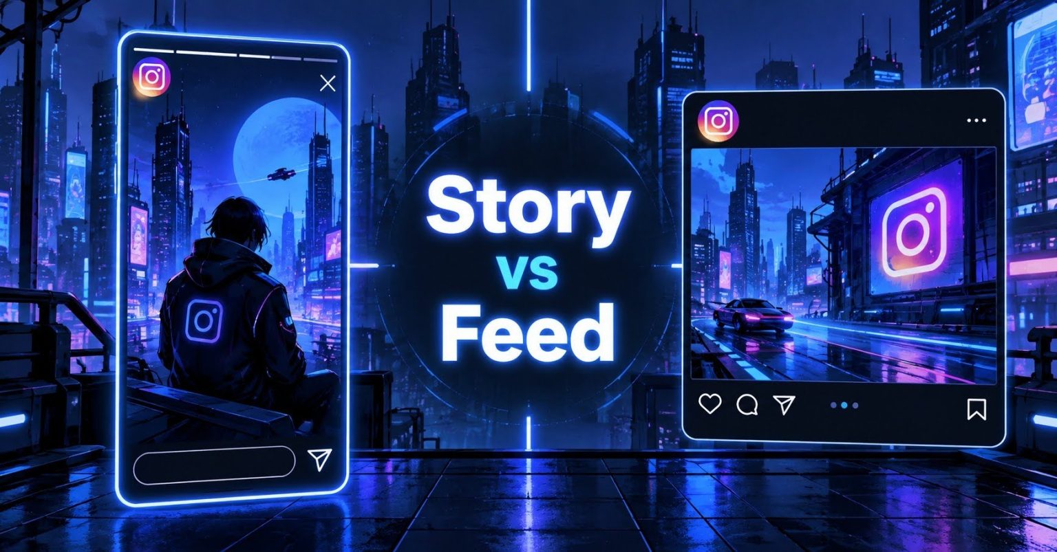 Cyberpunk comparison of Instagram story and feed ad formats