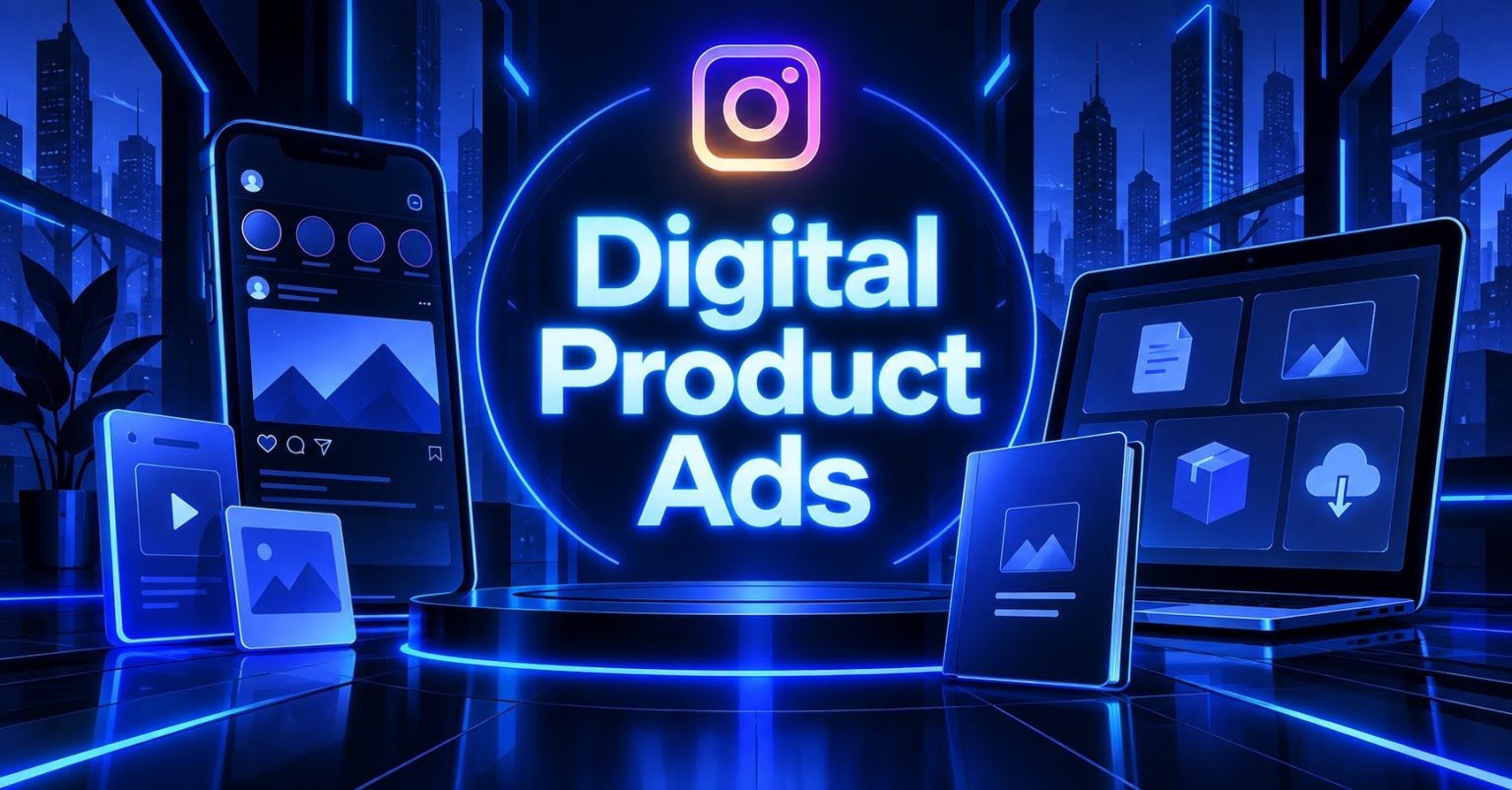 Cyberpunk digital product ads with Instagram phone laptop icons