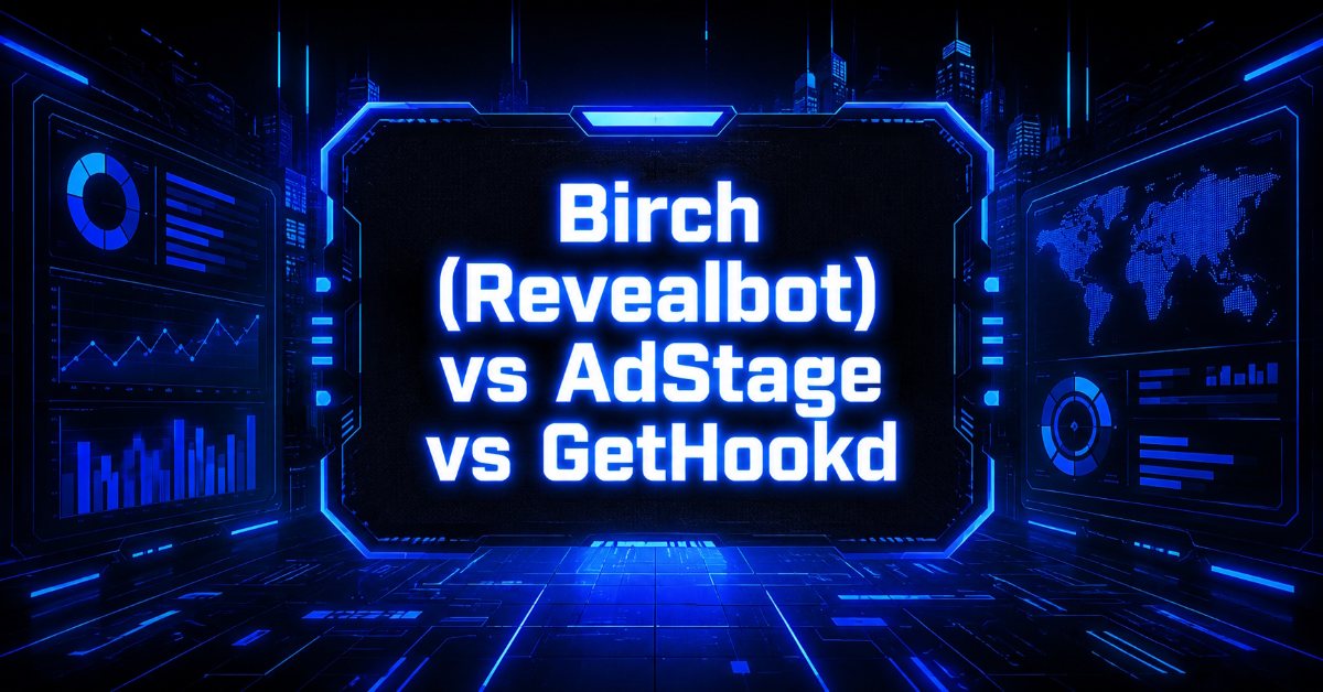 Cyberpunk illustration comparing Birch (Revealbot), AdStage, and GetHookd.
