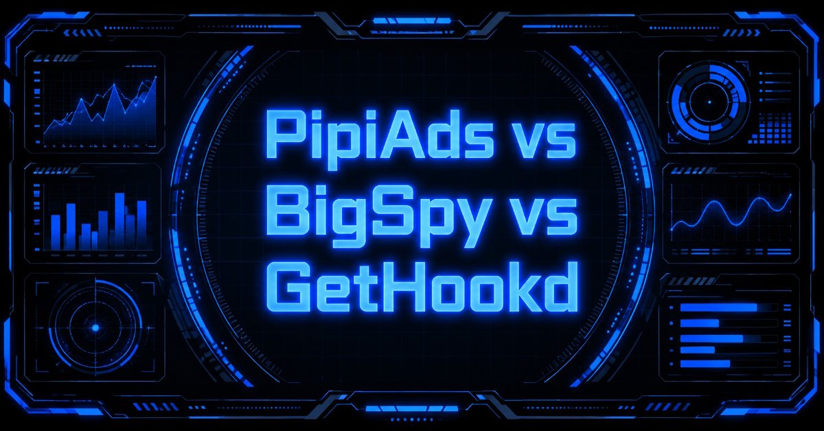 Cyberpunk illustration comparing PipiAds, BigSpy, and GetHookd.