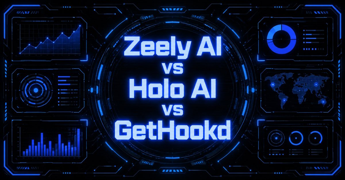 Cyberpunk illustration comparing Zeely AI, Holo AI, and GetHookd.