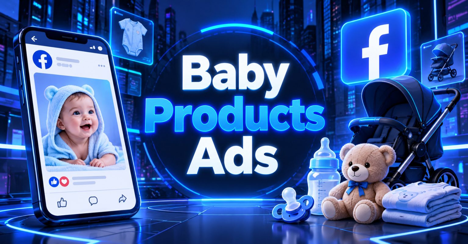 Cyberpunk illustration depicting ads for baby products on Facebook, alongside a teddy bear, feeding bottle, and other baby-related items.